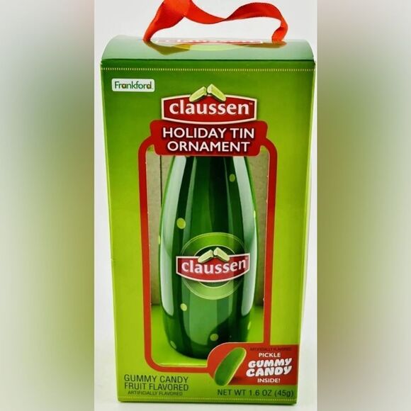 CLAUSSEN Pickle Shaped Tin Ornament With Gummy Pickle Inside~ New - Picture 3 of 6